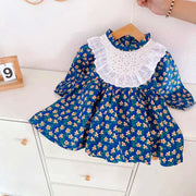 Navy Blue Floral Long Sleeve Dress With Lace Bib