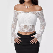 Off-neck Single Layer Lace Stitching T-shirt For Women