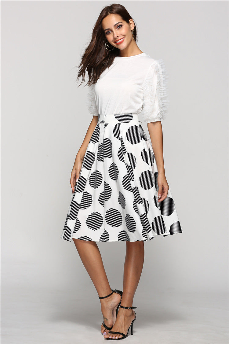 Large Polka Dot Slim Fit Mid-Length Skirt with Large Hem