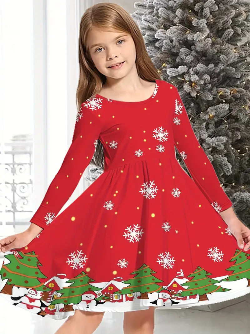 Girl's Long-sleeved Dress Christmas Deer