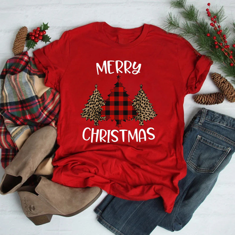 Unisex Polyester Street Style Christmas Tree Tee Red