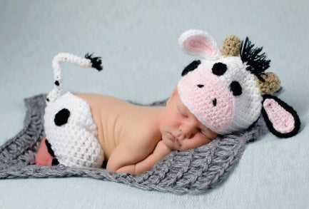 MooSnug™ Hand-Knitted Cow Suit – Wool & Cotton Hat + Pants Set