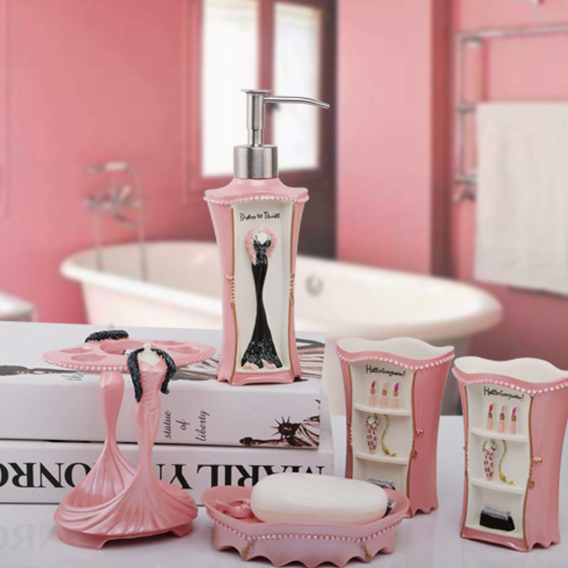 Resin Bathroom Accessories Set – 5-Piece Pink Lady Design