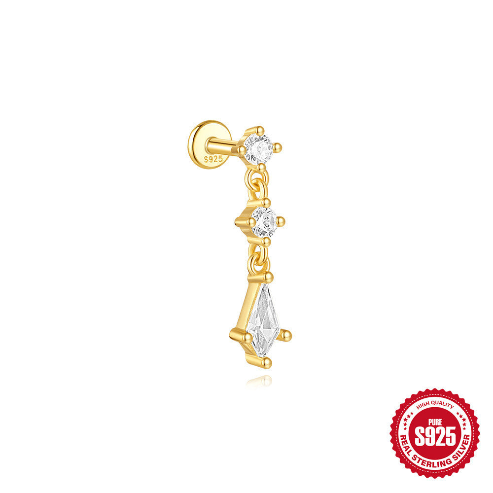 S925 Sterling Silver Geometric Kite Rhinestone-encrusted Chain Tassel Flat Head
