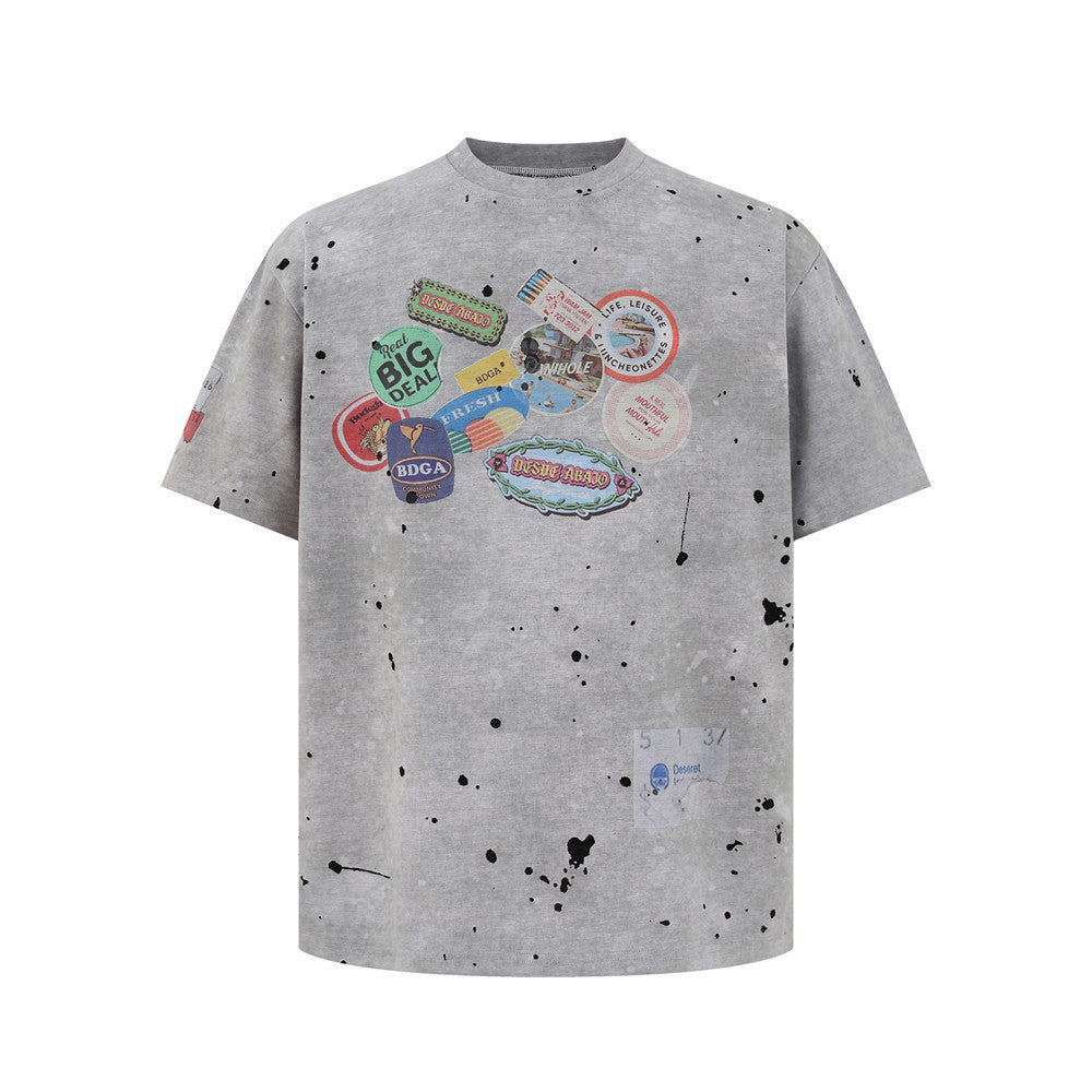 Digital Direct Injection American-style Distressed Printed Short-sleeved T-shirt For Men