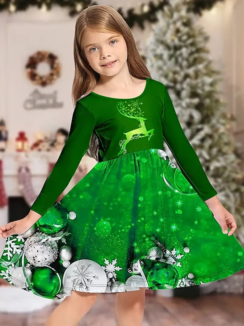 Girl's Long-sleeved Dress Christmas Deer