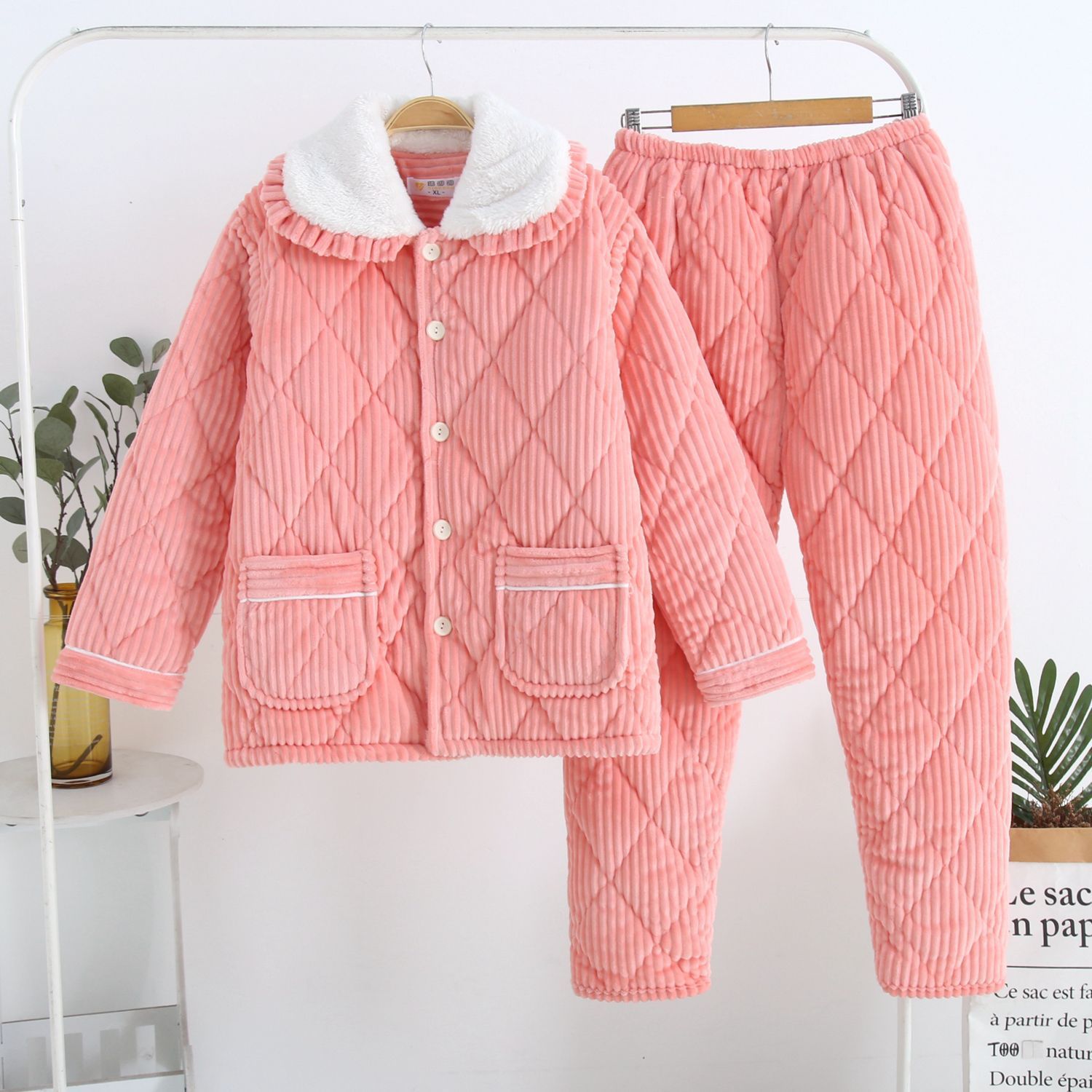 Women's Fashion Coral Fleece Three-layer Thickened Fleece-lined Warm Loungewear