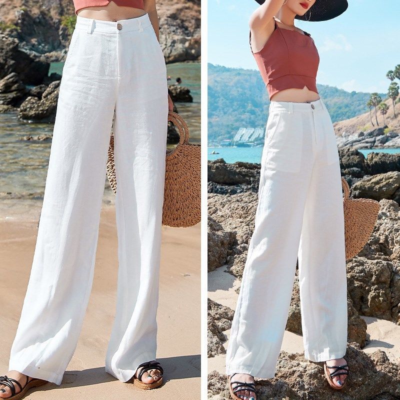 Women’s Cotton & Linen Long Pants – Loose High-Waist Straight Drape Casual Trousers
