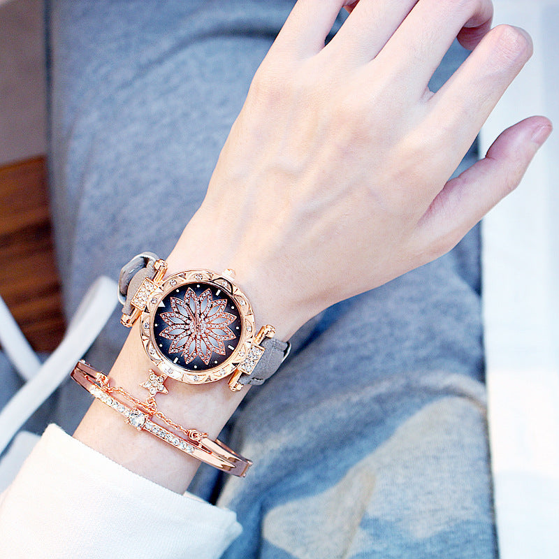 Casual Rotating Ladies Quartz Watch with Stainless Steel Strap