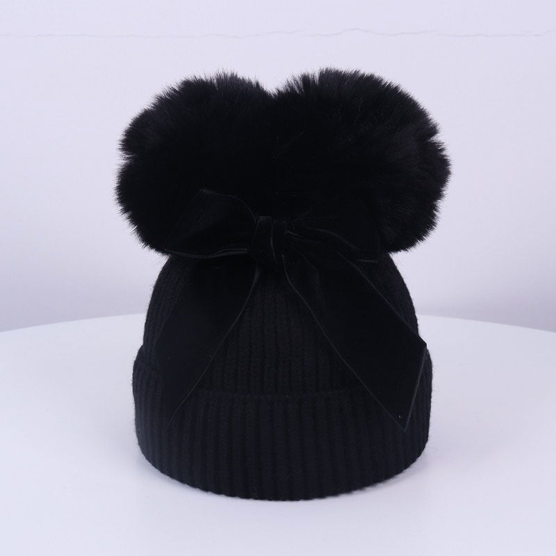 Double Ball Bow Knit Hat For Thick And Warm