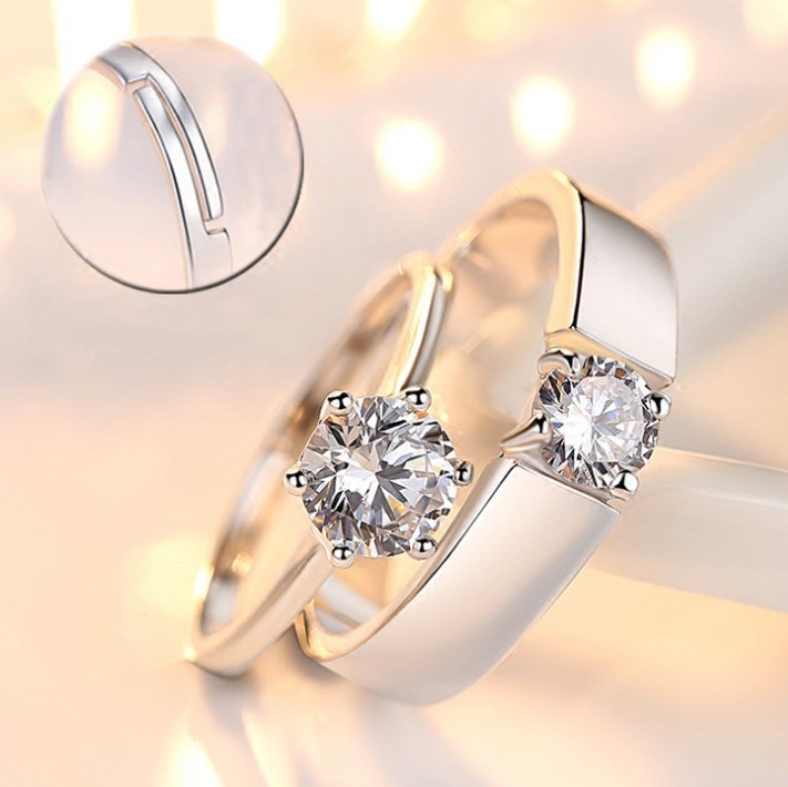 Elegant Adjustable White Gold-Plated Stainless Steel Crystal CZ Couple Engagement Rings