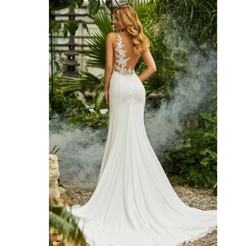 Retro Round Neck Sexy Little Tail Bridal Wedding Dress in Linen Lace