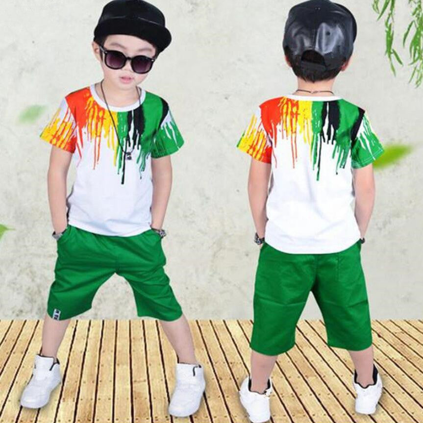 Korean Style Unisex Kids Short Sleeve Cotton Pantsuit Slim