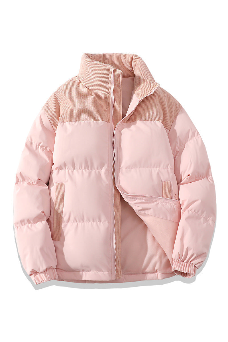 Unisex Stand Collar Contrast-Color Cotton Padded Winter Jacket