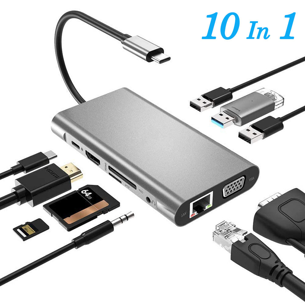 10-in-1 USB-C Hub with HDMI – 4K Display, Gigabit Ethernet, 3×USB, SD/MicroSD, 100W PD