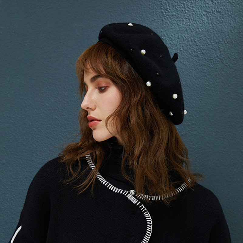Elegant Pearl-Embellished Korean Rabbit Fur Women’s Autumn Winter Beret