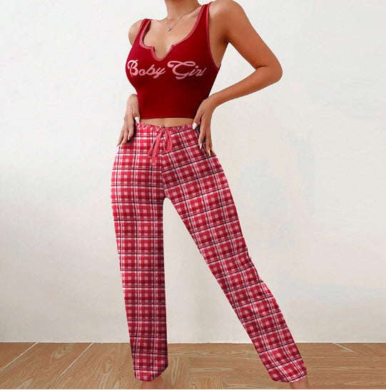 Spring Summer Women’s Casual Pajamas Set – Vest & Color-Matching Plaid Trousers