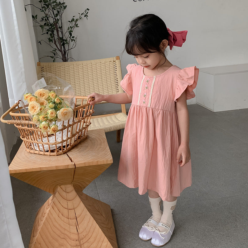 Children's Clothing Lace Flower Embroidery Girl's Dress Sweet Cotton Girl Short Sleeve Skirt
