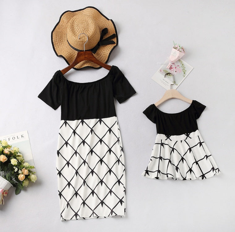 Europe and the United States parent-child mother and girl off-the-shoulder print skirt one-shoulder women's clothing