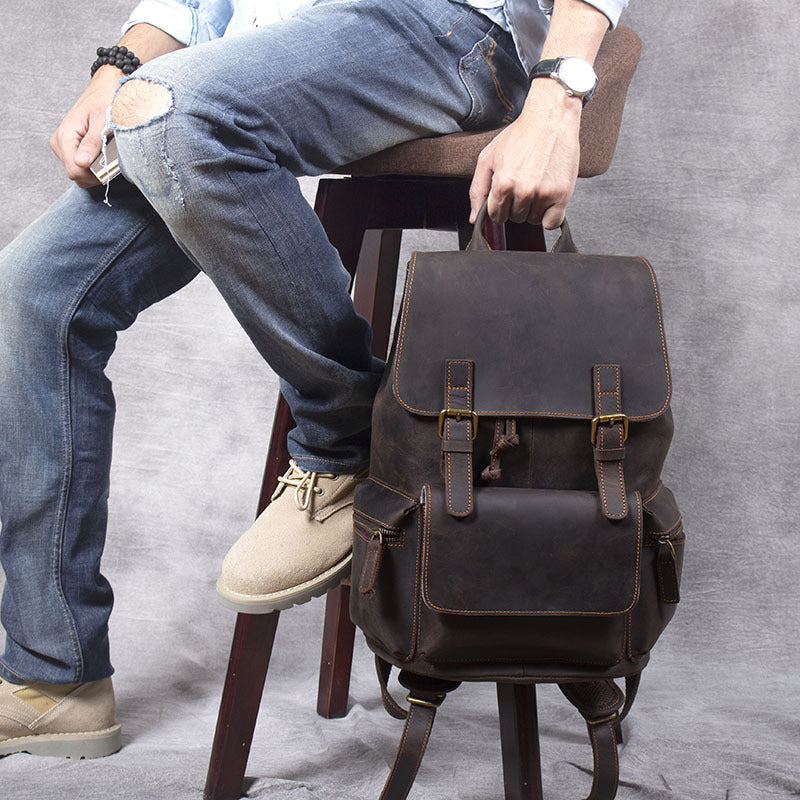 Retro Crazy Horse Leather Backpack Unisex Genuine Cowhide