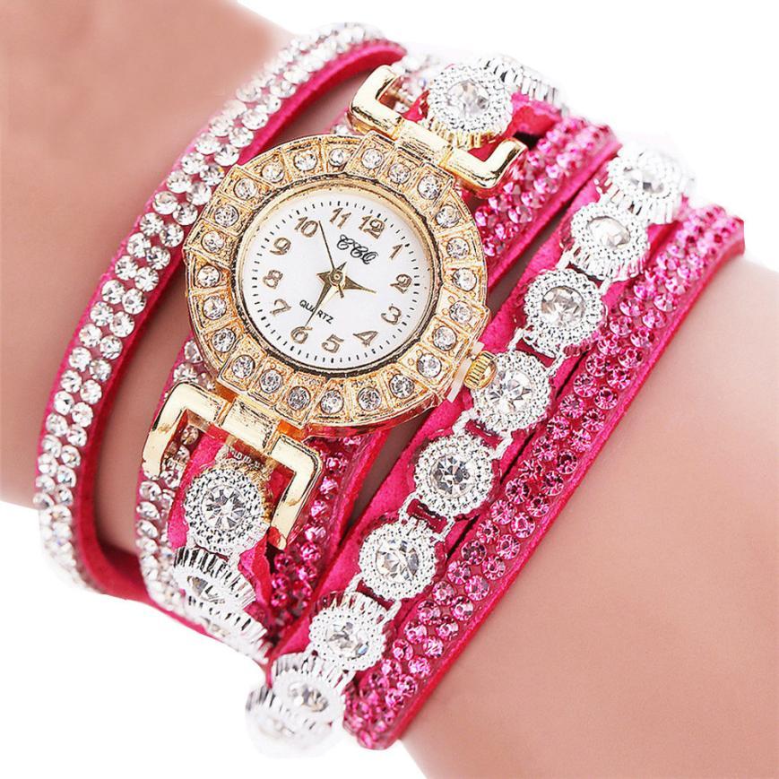 Fashion Luxury Women's Quartz Rhinestone PU Leather Bracelet Watch