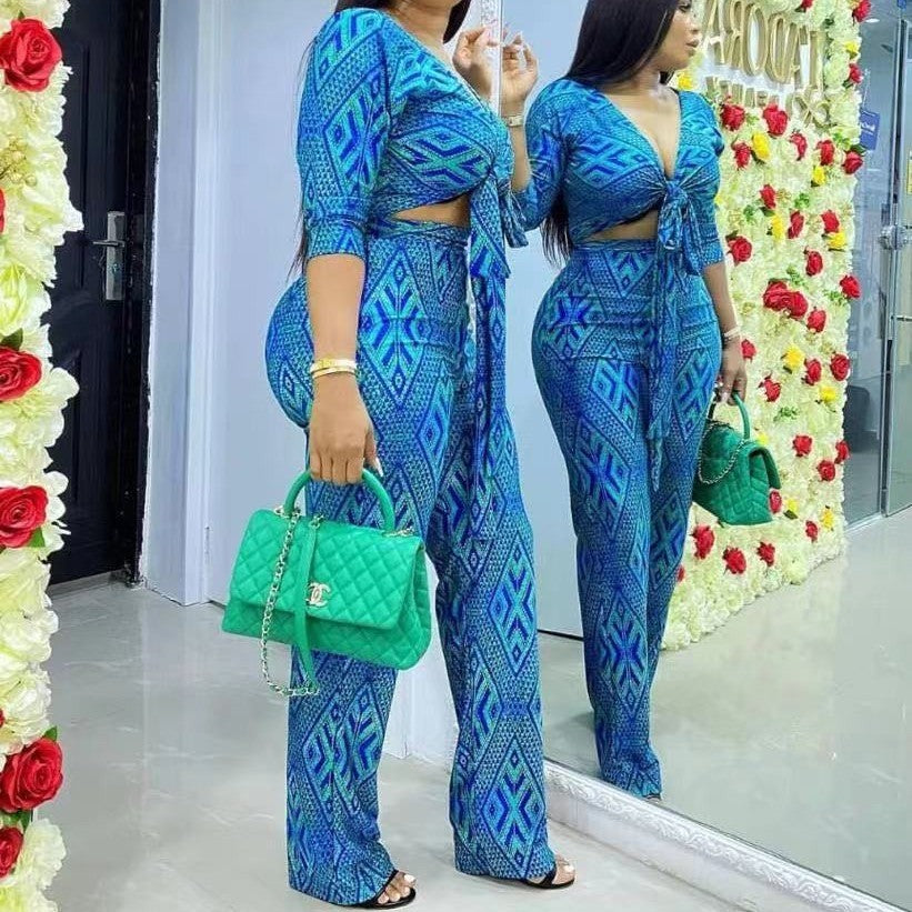 Women's African Polyester Two Piece Top And Pants Set