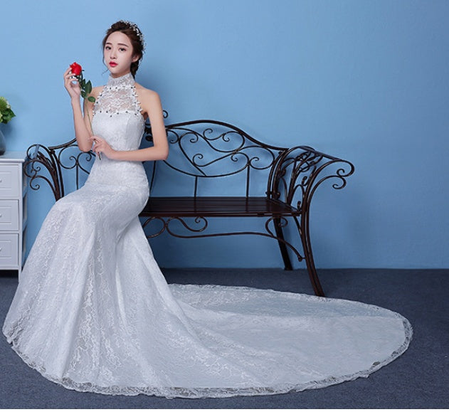 Large Size Red Korean-Style Fishtail Wedding Dress with Hanging Neck