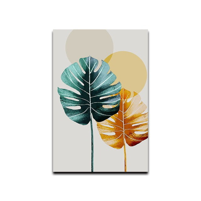 Tropical Plant Wall Art – Simple Green & Gold Leaf Oil Painting Canvas Decor