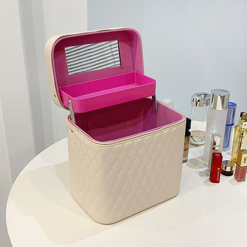 Cosmetic Bag with Mirror – Rhombus Embroidery Double-Layer Storage Caseesign Fashion Rhombus-Embroidery Double-layer Suitcase Large Capacity Make-up Storage Bags For Women