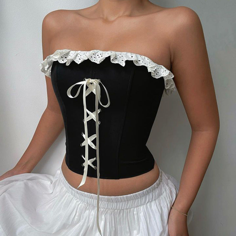 Contrast Color Wooden Ear Cross Strap Waist Tube Top Women