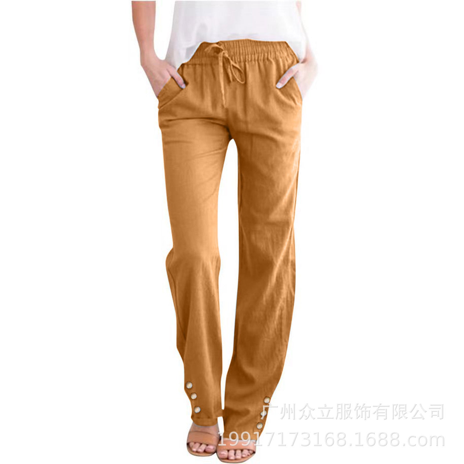 Women’s Cotton-Linen Casual Straight-Leg Pants with Straps