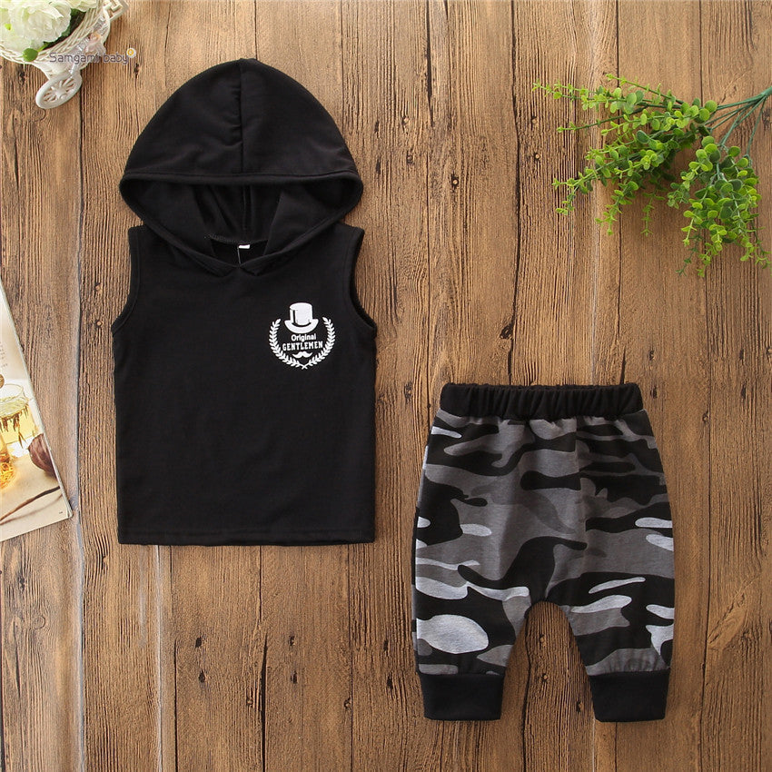 Kids Sleeveless Hoodie Tee Cotton Camo Pants Set Slim Fit