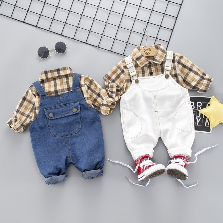 Children’s Long-Sleeved Plaid Shirt with Denim Strap Coverall