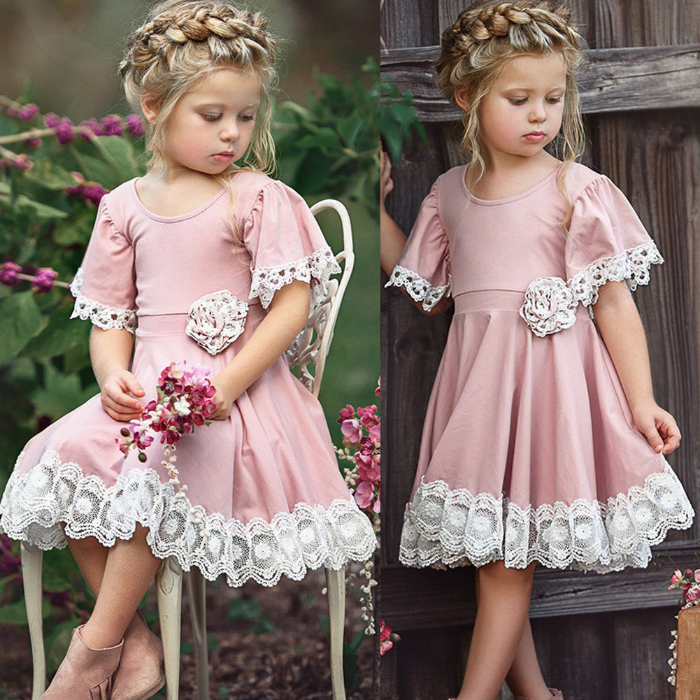 Girls Lace Dress Princess Cut Cotton Pink Party Dress