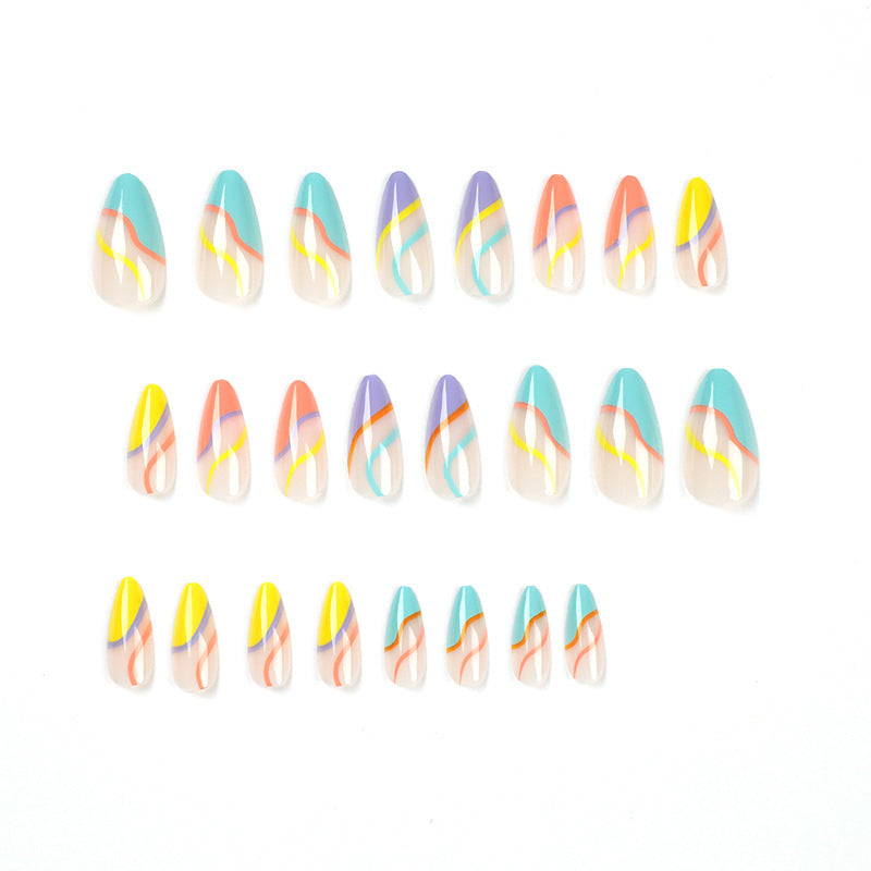 Nail Tips Wearable Nail French Rainbow Line Patch Nail Polish Wearable Nail Sticker Finished Product Detachable Nail Nail