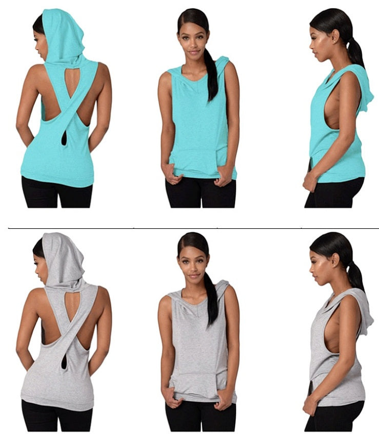 Women’s Hooded Yoga Tank Top – Backless Sleeveless Sportswear