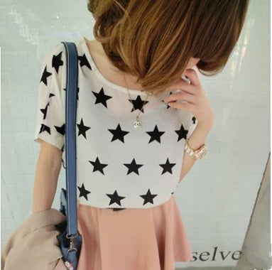 Women's Loose Star Print Chiffon T-Shirt – Casual Round Neck Blouse