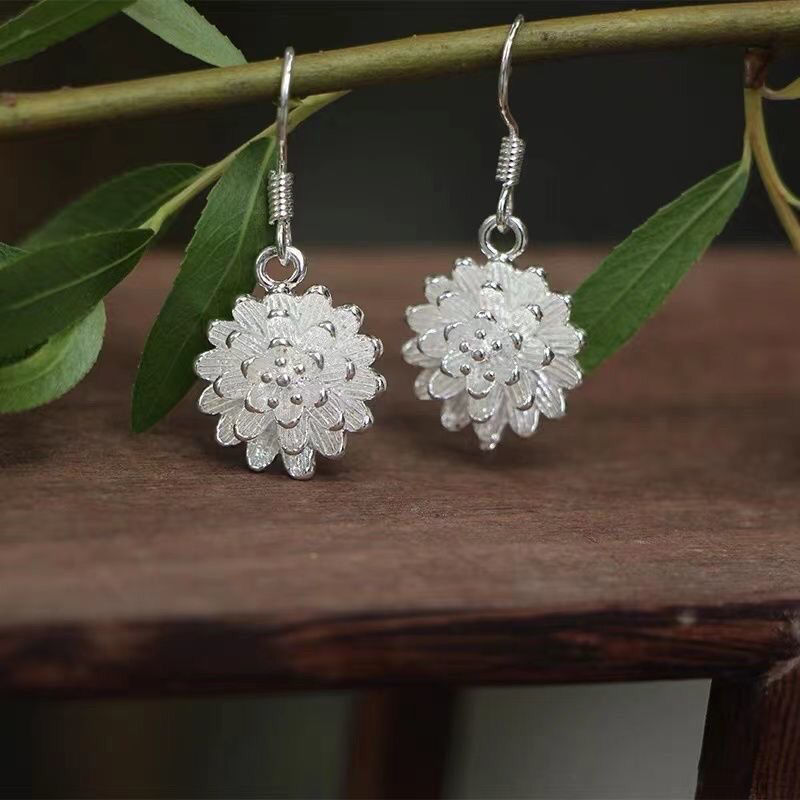 Unisex Silver Miao Chinese Lotus Dangle Earrings Ear Hooks
