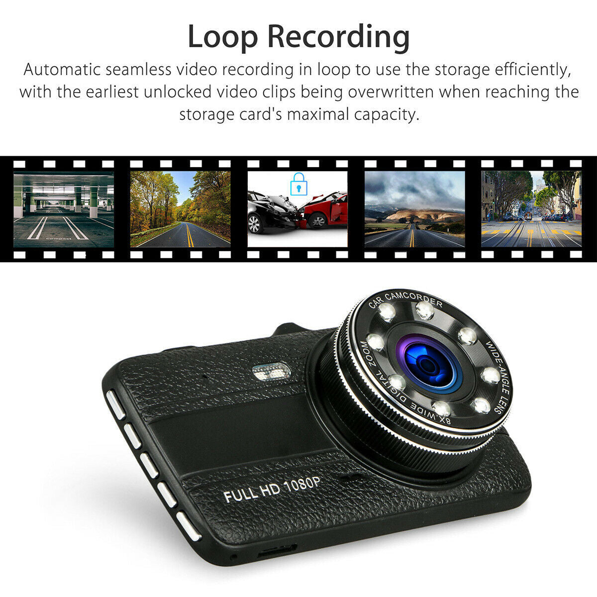 Dash Cam with 8 IR Lights – HD Night Vision Driving Recorder