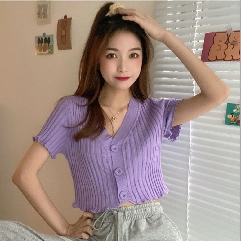 Knitted Crop Top with Ruffled Wood Ear Trim