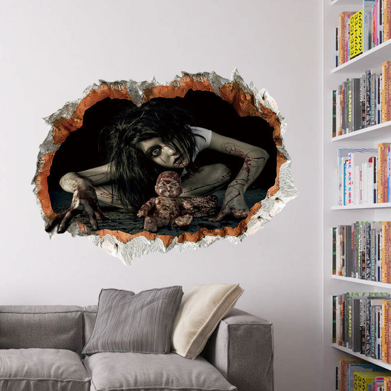 3D Bloody Ghost Wall Sticker – Scary Halloween Broken Glass Effect Party Decoration