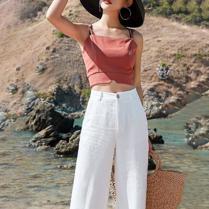 Women’s Cotton & Linen Long Pants – Loose High-Waist Straight Drape Casual Trousers