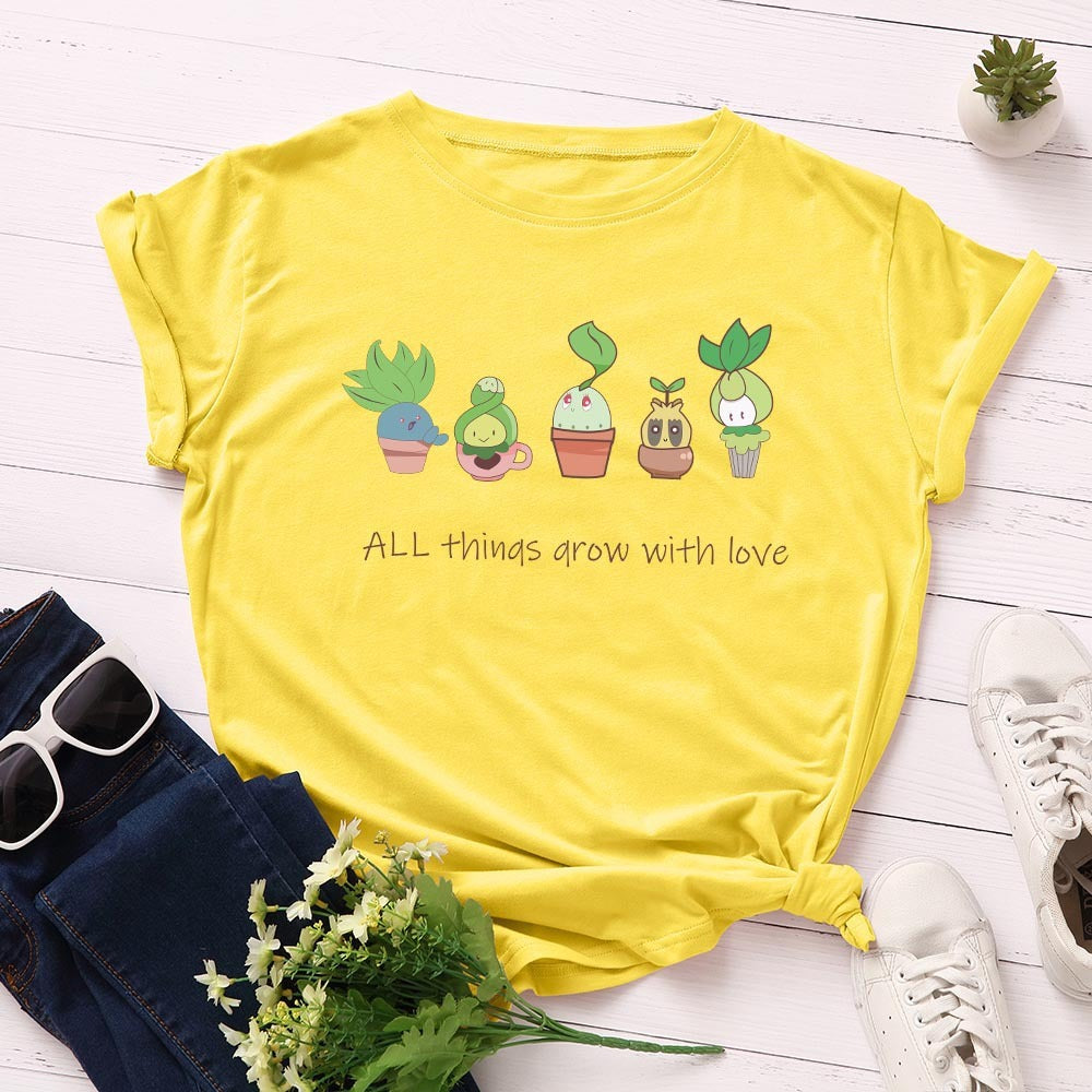 Loose Round Neck Short Sleeved Cotton T-shirt Women