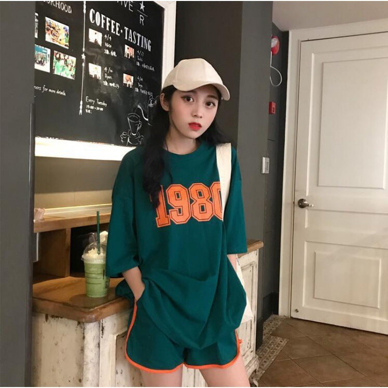 Summer Casual Sports Suit Women's Fashion Short-sleeved Wide-leg Pants Two-piece Set