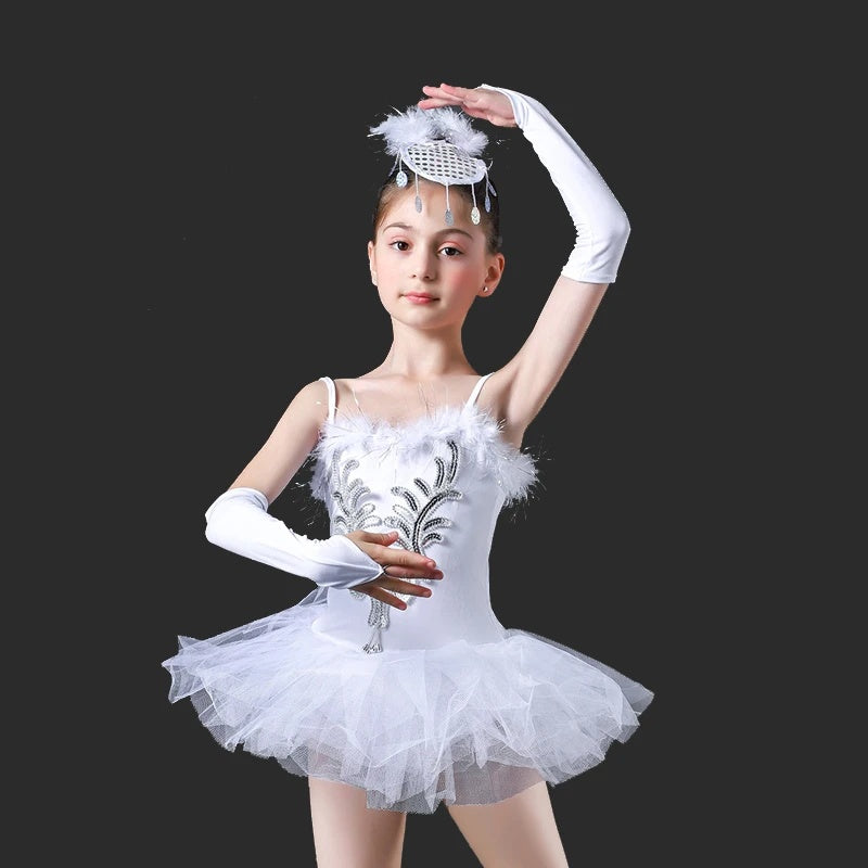 Kids Girls Sequined Ballet Tutu Dress Fashion Swan Dancewear Leotards Ballerina Costume With Headwear Pair Bracelets