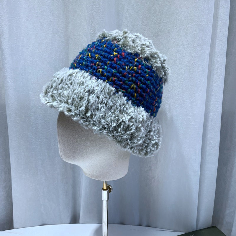 Korean-Style Plush Wool Wide-Brim Fisherman Hat with Dome Crown