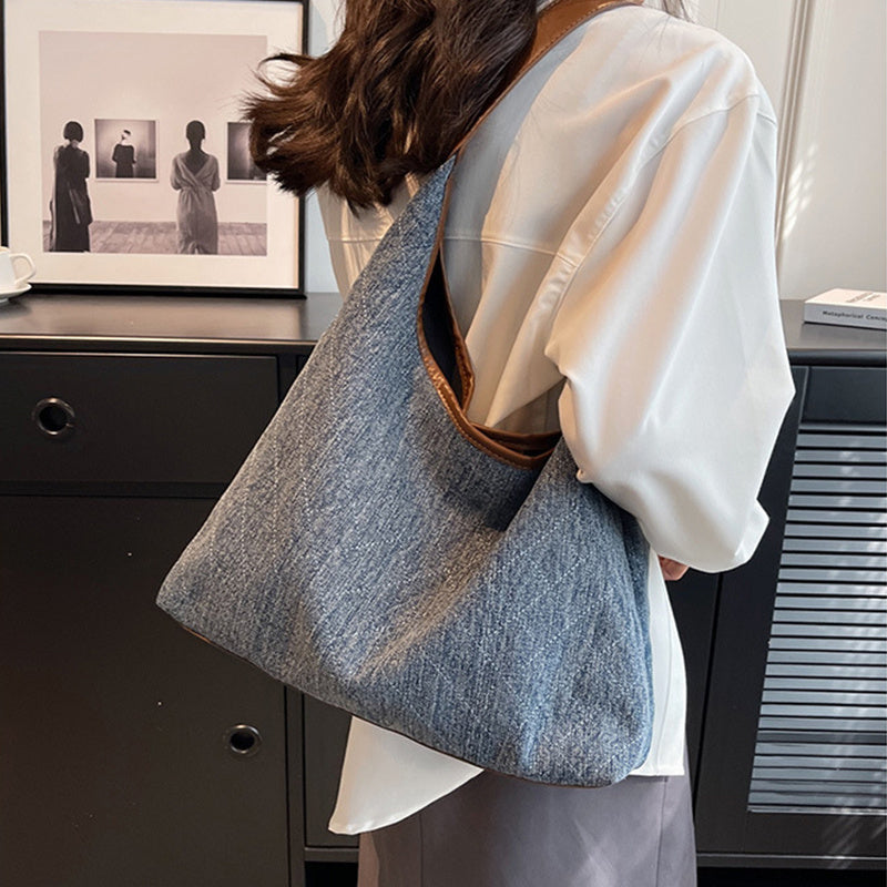 Womens Denim Canvas Bucket Bag Solid Color Shoulder Tote