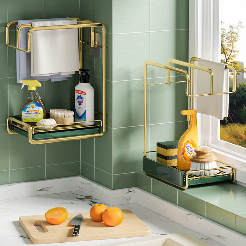 Wall-Mounted Sponge Holder & Kitchen Organizer – Dish Drainer, Brush & Soap Rack with Drain Tray