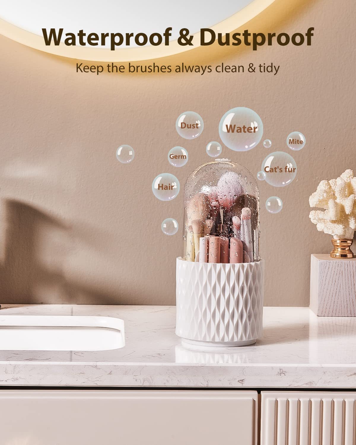 Makeup Brush Holder – Dustproof Waterproof 360° Rotating Organizer with Lid for Vanity