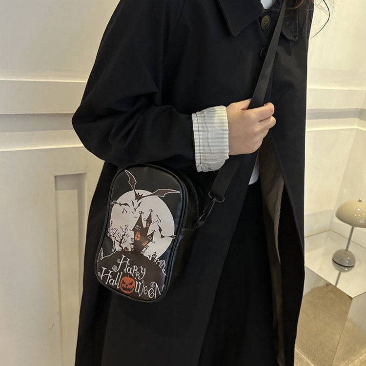 Halloween Crossbody Phone Bag – Cartoon Pumpkin, Ghost, and Bat Print Mini Shoulder Bag for Girls and Women